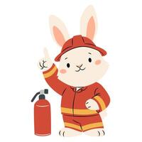 Flat illustration in a simple childish style. Cute bunny in fireman costume is pointing upwards with his finger vector
