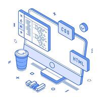 Computer soft development code testing programming minimalist isometric illustration vector