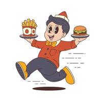 Cheerful Fast Food Delivery Mascot Character in Red Uniform with Burger and Fries in Motion vector