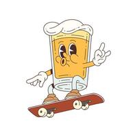 Cheerful Beer Mascot Riding Skateboard With Foam Head Waving And Smiling For Fun Design Projects vector