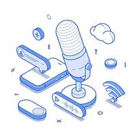 Podcast content creating audio radio internet interview minimalist isometric illustration vector