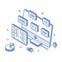 Programming coding testing computer software script development minimalist isometric vector