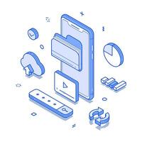 Cloud storage digital media file smartphone application minimalist isometric illustration vector