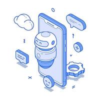 Virtual assistant chatbot robotic AI support smartphone application minimalist isometric vector