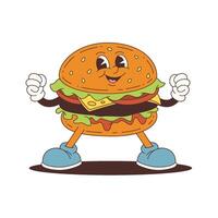Cheerful Burger Mascot Character with Raised Fists Wearing Sneakers and Colorful Toppings vector