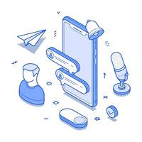 Social media content user online message chatting smartphone application minimalist isometric vector