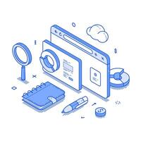 Business analyzing information statistic internet browser technology minimalist isometric vector