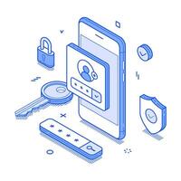 Smartphone account privacy protection user authentication app minimalist isometric vector