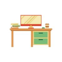 A Functional Computer Desk with Monitor, Books, and Coffee Cup vector