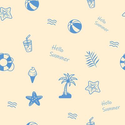 A Cheerful Light Blue Pattern Featuring Summer Beach Holiday Icons and Hello Summer Texts