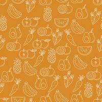 Whimsical Outline Fruits and Vegetables Seamless Pattern on Orange Background vector