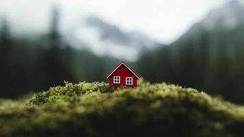 A small red house sits on top of a hill photo