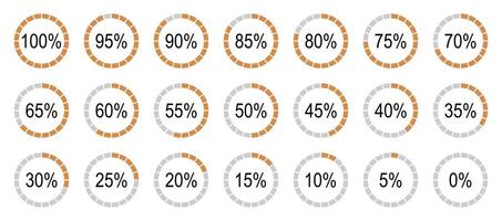 Round diagrams icons for infographics from 0 to 100 percent. Percentage infographics elements. Orange, grey color fill divided pie charts indicator. Circle flat graph loading progress. vector