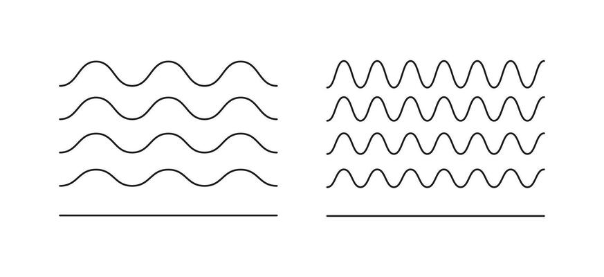 Wavy, curvy lines. Water, river, lake, sea, ocean flat symbols. Simple undulate borders, transverse horizontal lines templates. Sine, fluid, air, wind sign. Outline black thin graphic illustration.