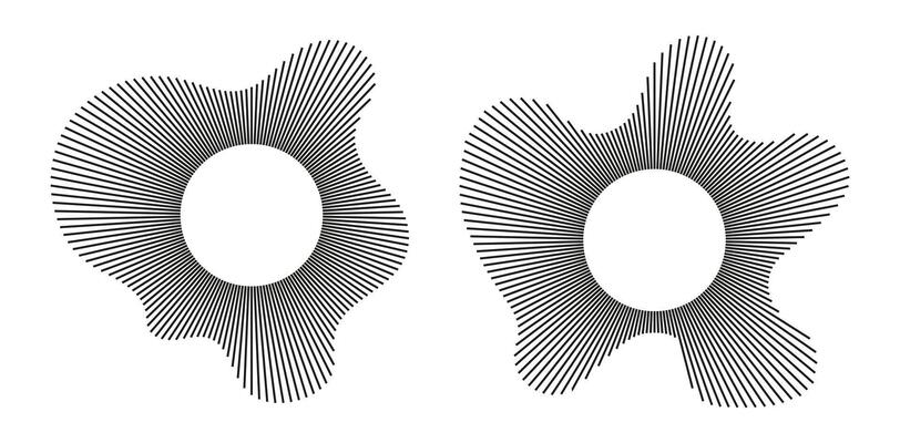 Set of circular wave. Sound circle lines. Radial frames. Sound ring. Wavy black pattern. Radial rays. Wavy design element. Equalizer logo, radial spectrum. Voice symbols. Depicting audio music icons.
