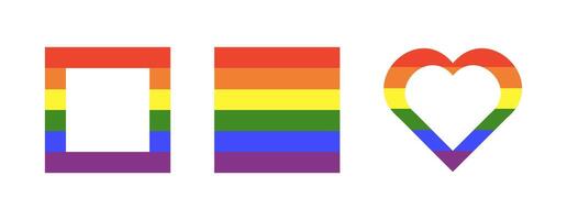 Rainbow flag background. Gay pride frames. Progress Logo symbols. LGBT square, heart icons. Stickers in rainbow colors. Square, heart badge, button, backdrop. Template design. vector