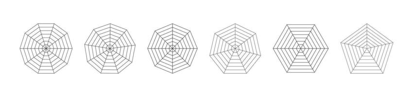 Radar, spider diagram flat templates. Spider mesh patterns. Polygon thin graphs. Diagram for statistic, analytic. Blank radar black charts. Minimalist coaching tool. Grid mockups with segments. vector