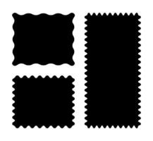 Simple rectangular patterns with squiggly borders. Wave curve edge flat frames. Trendy black tags, empty text boxes, labels, stamps, crackers, coupons with curvy, squiggly, wiggly, wavy edges. vector