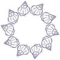 Round frame made of shells in Hand drawn whimsical style. Seashells arranged in a circular pattern on a white background showcasing their intricate details and natural beauty vector