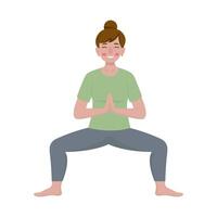 A woman practices yoga in a focused pose, showing her dedication to movement and mindfulness vector