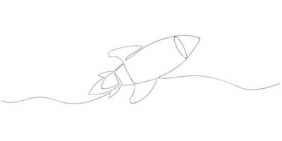 Continuous line drawing of a rocket on a white background. Minimalistic one line sketch. vector