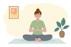 woman sitting in lotus pose while practicing yoga at home on white background. design embodies wellness and mindfulness, ideal for health and relaxation themes. vector