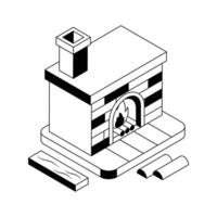 A premium isometric icon showing a cozy fireplace. vector