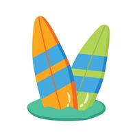 Grab this 2d icon of standing surfboards on shore vector