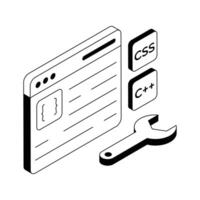 An isometric outline icon fixing code effortlessly. vector