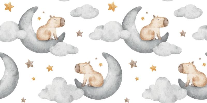 Capybaras sleeping on crescent moon among clouds and stars. Hand drawn watercolor kids seamless pattern. Repeat background of guinea pig for bed linen, textile, wrapping paper, clothes, pajamas