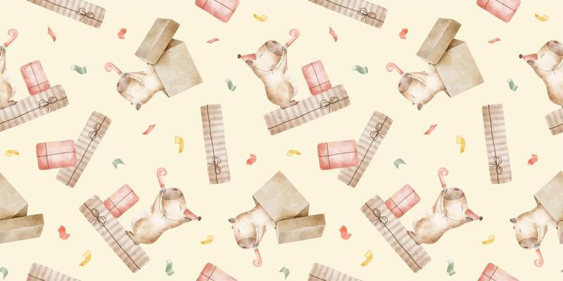 Capybara with party whistle, hat and gift boxes. Watercolor seamless surface pattern design. Print for birthday decoration, anniversary, congratulation, celebration, festive design, wrapping paper