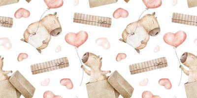 Capybaras with red hearts balloons and gift boxes. Valentine's Day background with cute rodent. Hand drawn watercolor seamless pattern. Print of guinea pig for February 14, textile, wrapping paper vector