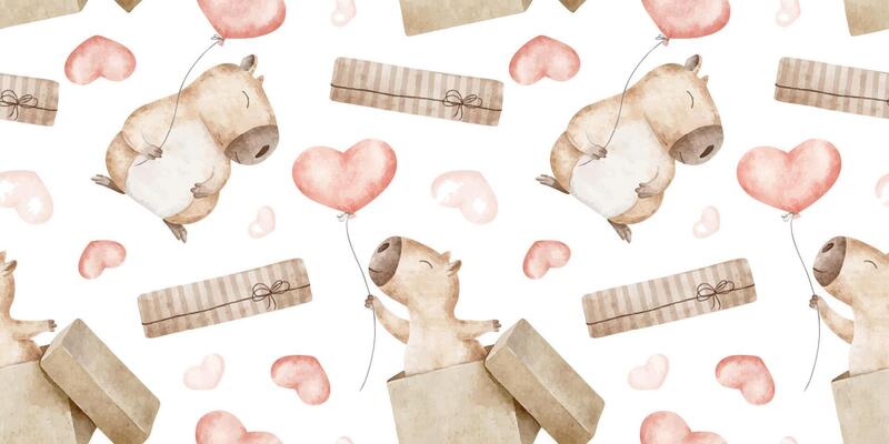 Capybaras with red hearts balloons and gift boxes. Valentine's Day background with cute rodent. Hand drawn watercolor seamless pattern. Print of guinea pig for February 14, textile, wrapping paper