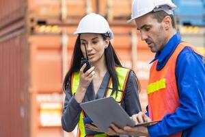 Logistics Professional Team Inspecting Containers Box at Shipping Container Yard, Engineer and Foreman in Industry Containers Cargo photo