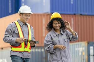 Engineer Team Working at Industry Containers Cargo, Foreman Workers Inspecting Containers Box at Shipping Yard photo