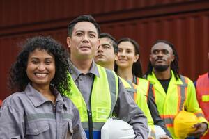 Diverse Team of Construction Workers and Engineers at a Job Site, Group of Multi Ethnic Industrial Professionals at Shipping Yard, Collaboration and Diversity in the Modern Workforce photo