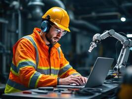 Engineer sets up manipulator hand. builder works in production. programmer writes code for manipulator hand. engineer man is working on automation in factory photo