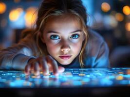 A girl interacts with a horizontal touch screen using modern technologies photo