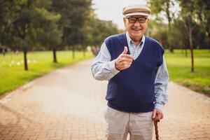 Active 70s male with casual clothes and pullover showing thumb up while walking through park, expressing vitality and joy. photo