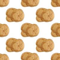 Hand-drawn vintage seamless pattern of golden brown bread rolls with sesame seeds in engraving sketch style vector