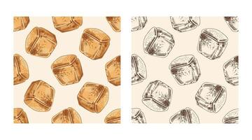 Hand-drawn vintage seamless pattern of loaf bread in brown ink engraving style, color and monochrome version vector