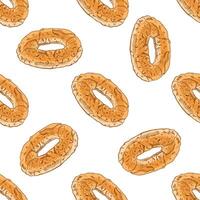 Hand drawn seamless pattern of simit bread rings in engraving sketch style, color and monochrome version set vector