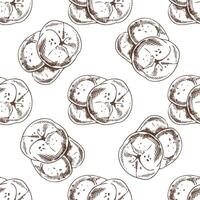 Hand drawn vintage seamless pattern of round bread rolls with sesame seeds in brown ink engraving style vector
