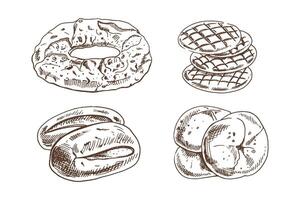 Hand drawn sketch of assorted bakery bread in monochrome engraving style, isolated illustrations vector