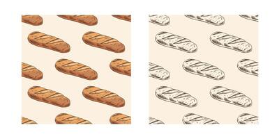 Hand drawn seamless pattern of baguette bread in color and monochrome version on beige background vector