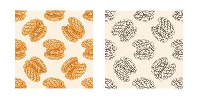 Hand-drawn vintage seamless pattern of stacked flatbreads or homemade cookies in engraving style, color and monochrome versions on beige background vector