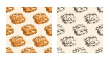 Hand drawn seamless pattern of bread rolls with crusty tops in color ink engraving style vector