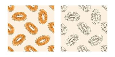 Hand-drawn vintage seamless pattern of round bagels in engraving style, color and monochrome versions on beige background vector