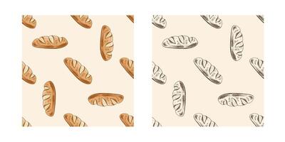 Hand drawn seamless pattern of crusty loaf bread with diagonal cuts in brown ink engraving style vector