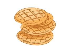 Hand drawn vintage sketch of stack of flatbreads with crosshatch pattern or homemade cookies in color and monochrome version, illustration vector